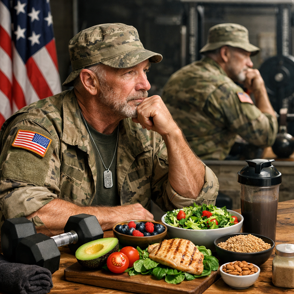 Veteran in camouflage uniform with healthy food and dumbbells on table