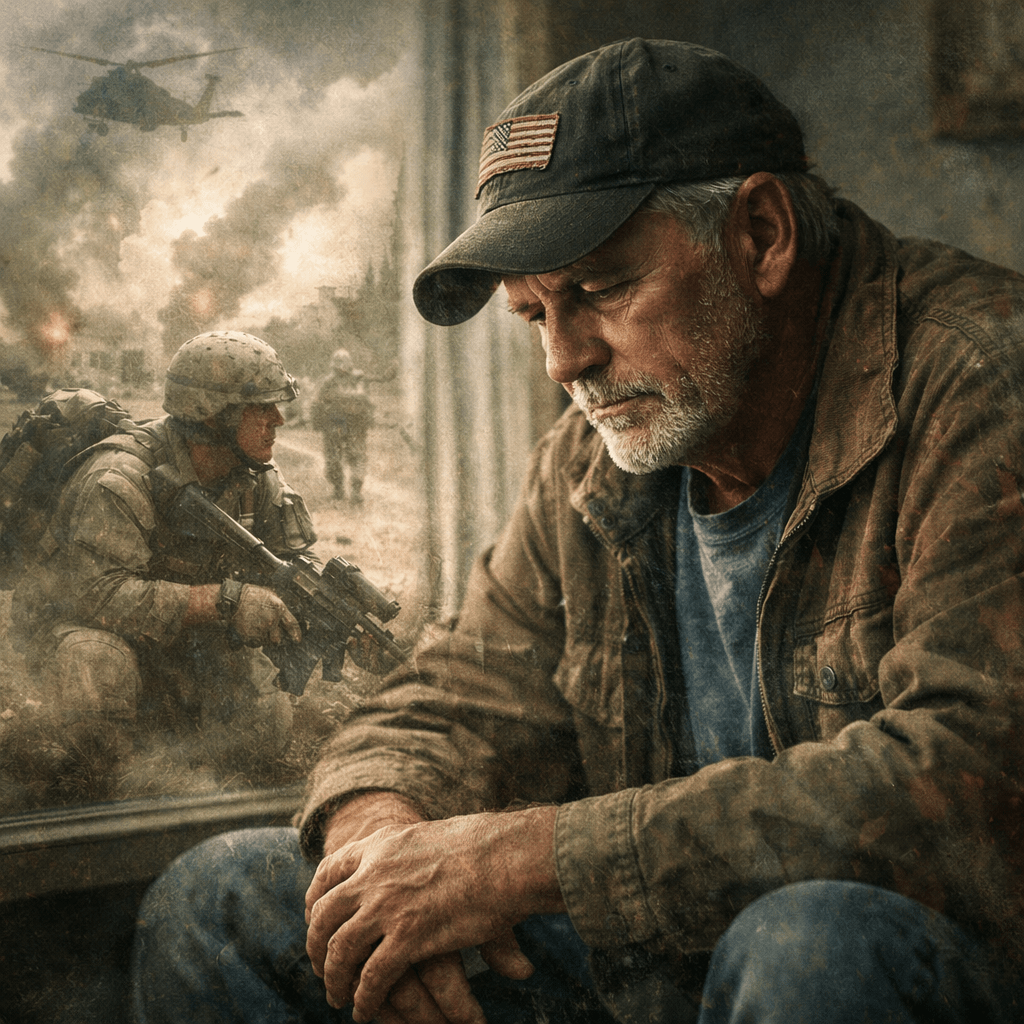 Somber veteran in civilian life, faded battlefield overlay