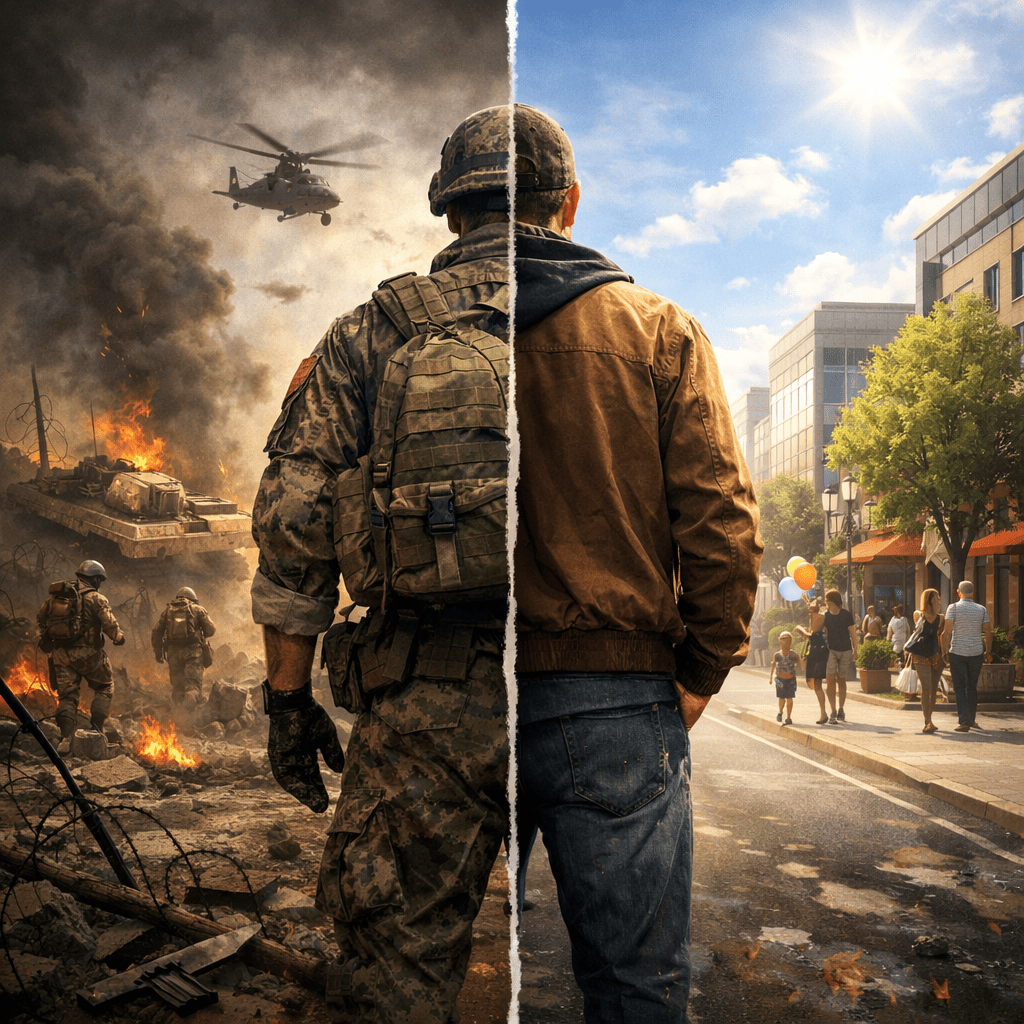 Veteran between battlefield and civilian city split scene
