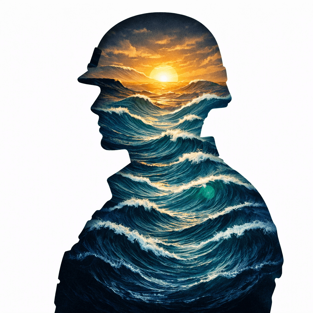 Veteran silhouette with endless internal waves