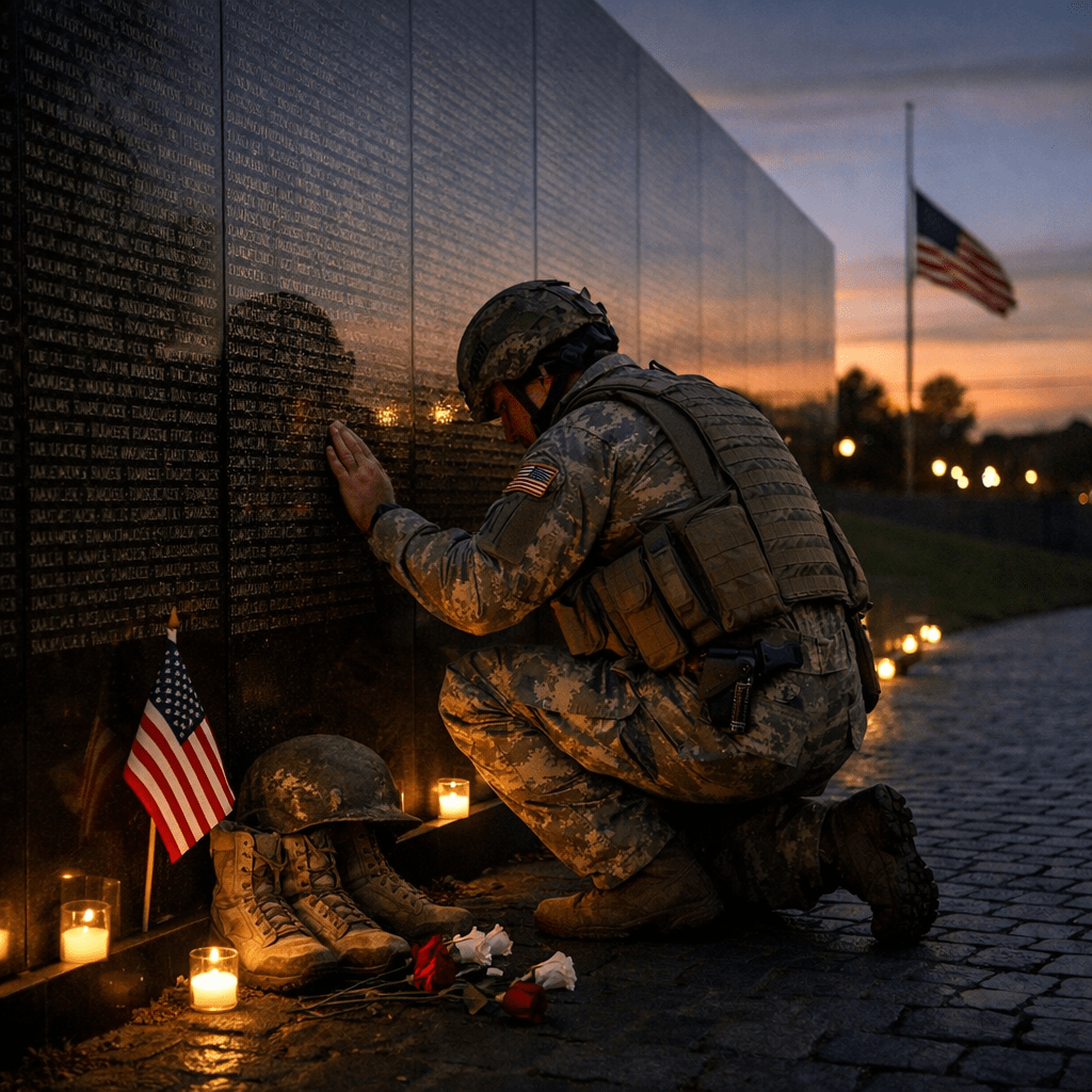 Soldier kneeling at memorial wall at dusk