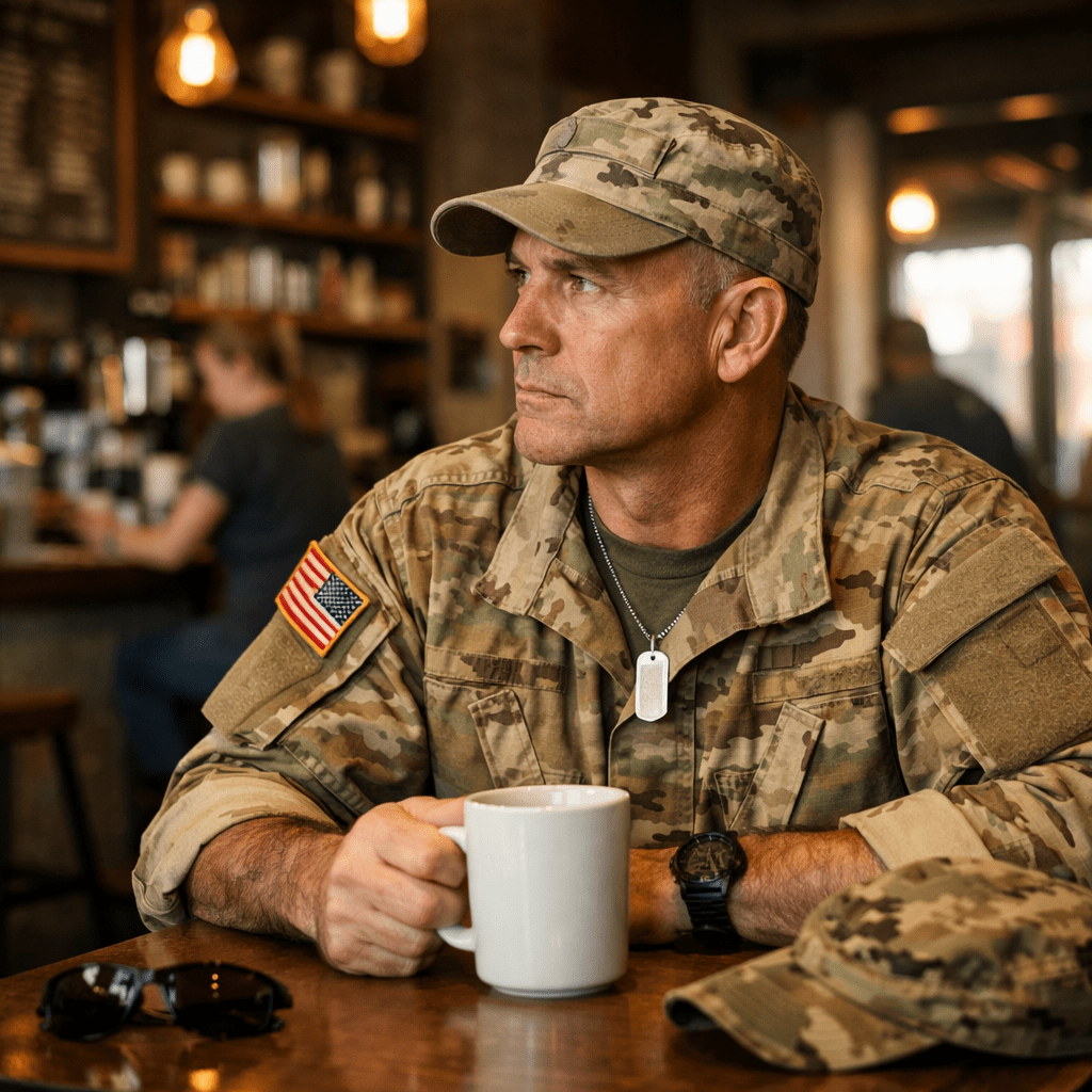 Soldier in camouflage uniform holding a white coffee mug inside a coffee shop