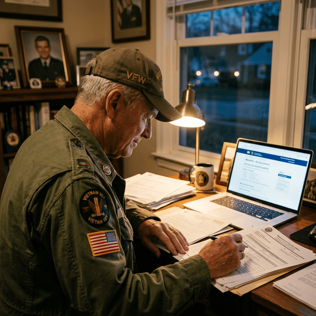 Vietnam veteran in military jacket and cap filling out official documents at desk with laptop
