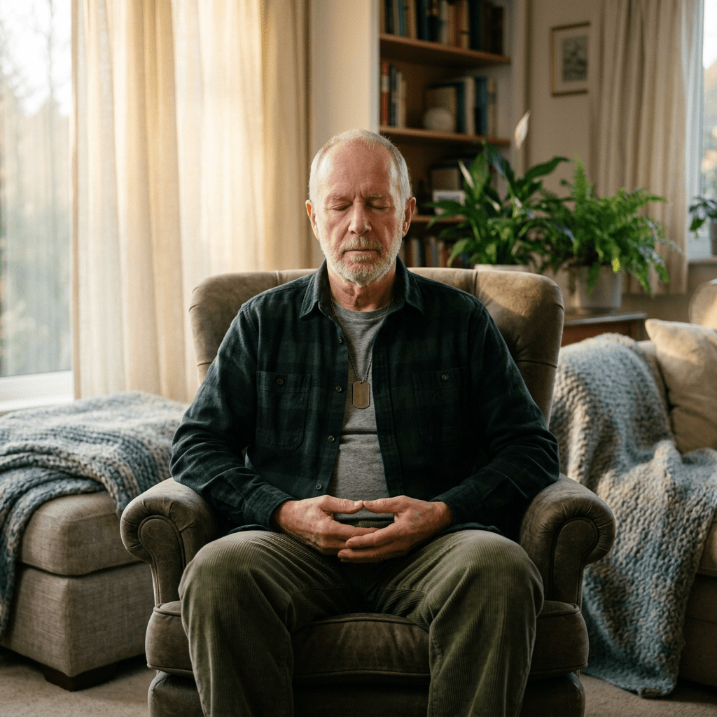 Elderly man sitting in an armchair with eyes closed, meditating quietly.