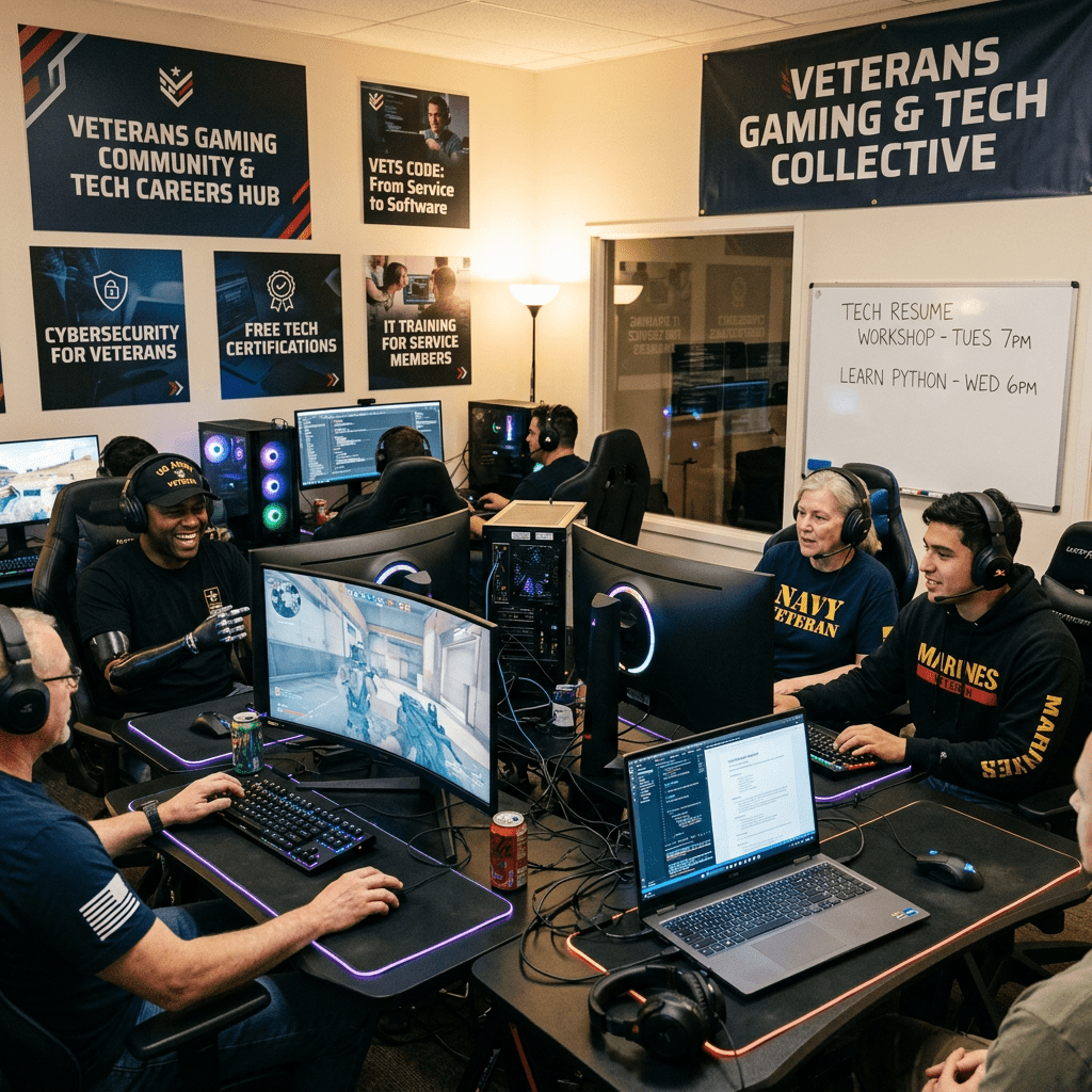 Group of veterans gaming and coding together in a tech careers hub