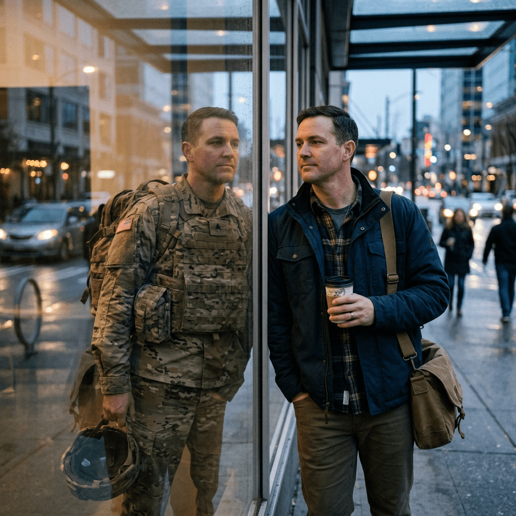 Man in civilian clothes looking at his reflection in a window showing him in military uniform