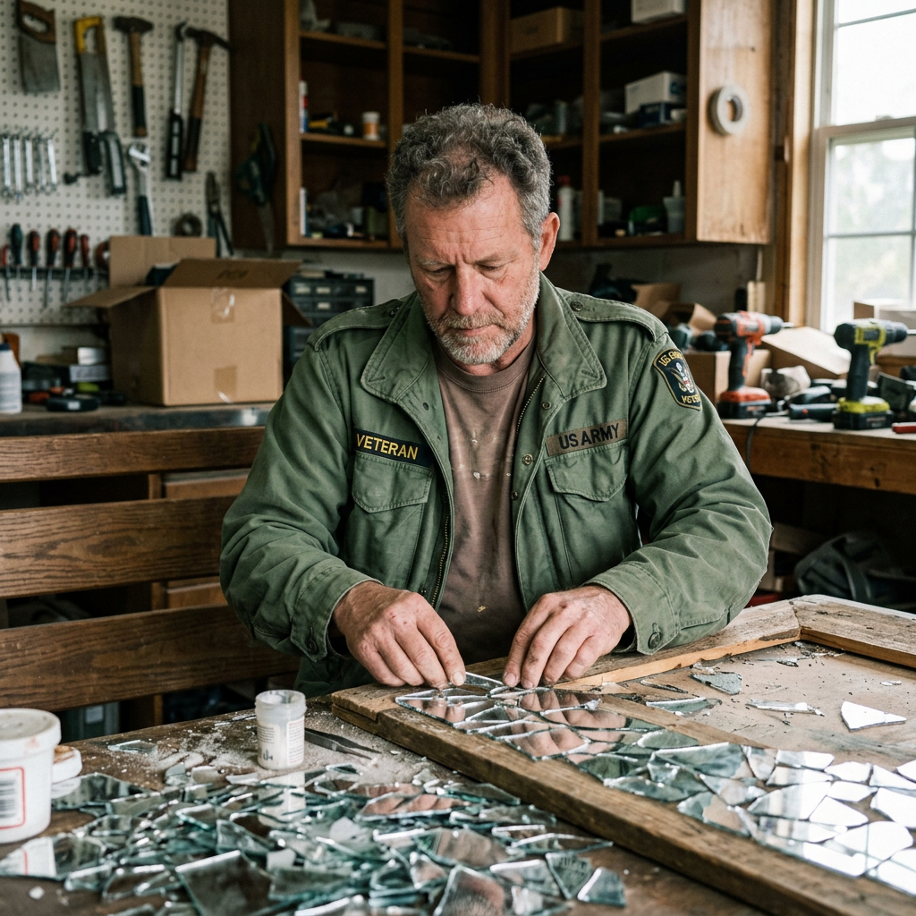 Veteran man arranging broken mirror pieces on a wooden frame in workshop
