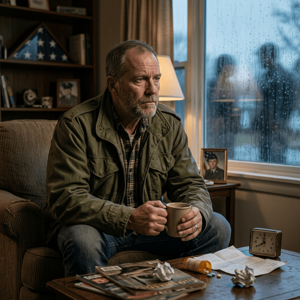 Veteran surrounded by subtle symbolic stress elements