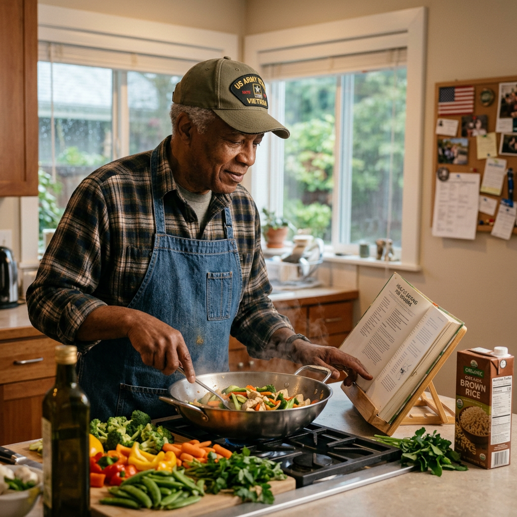 Veteran reviewing recipes while cooking healthy meal