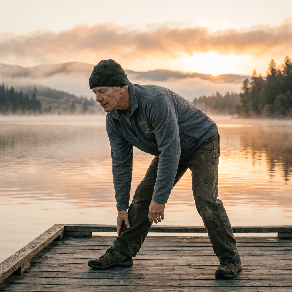 Veteran stretching at sunrise, reflective mood