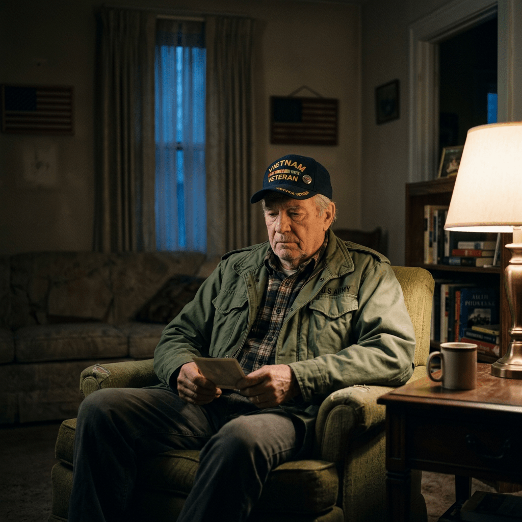 Veteran sitting alone in dim quiet room