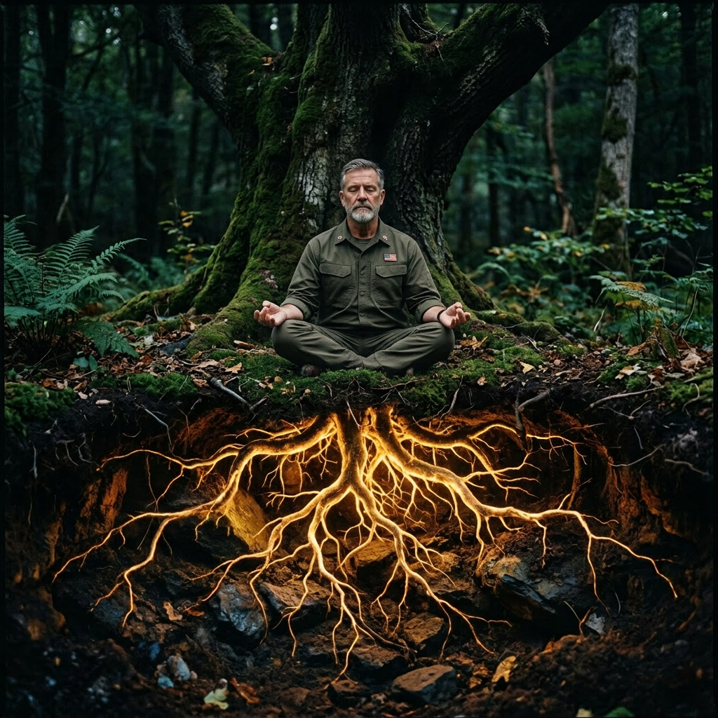Meditation and glowing tree roots connection Woman meditating cross-legged under a large tree with illuminated roots underground