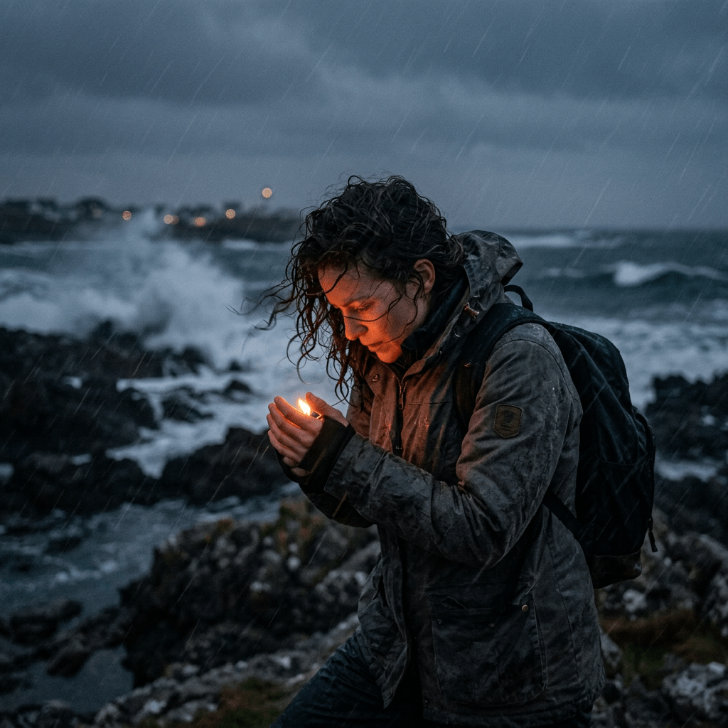 Person lighting a small flame on a stormy rocky coastline with rain and waves