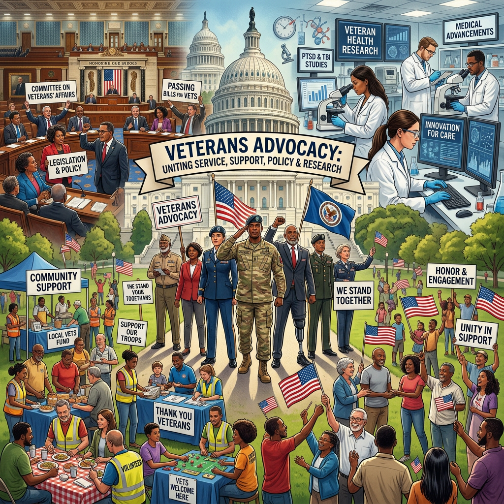 Veterans advocacy combining legislation, research, and community support at Capitol and local levels