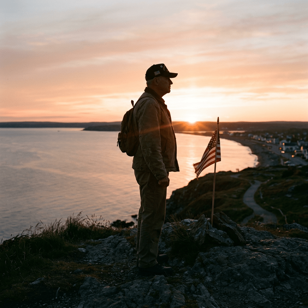 A veteran in cap and jacket standing on a rocky cliff next to a small US flag at sunset.