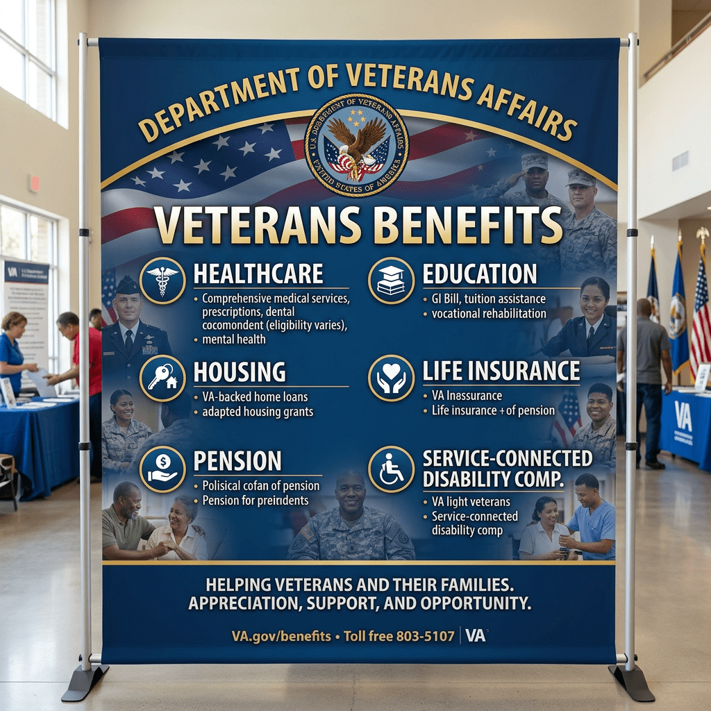 Banner listing veterans benefits including healthcare, education, housing, life insurance, pension, and disability compensation