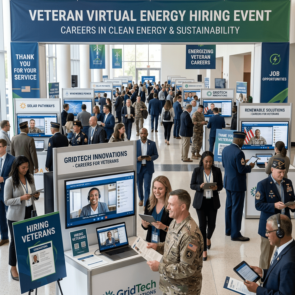 Veterans and employers interacting at a clean energy virtual hiring event with multiple booths and digital displays
