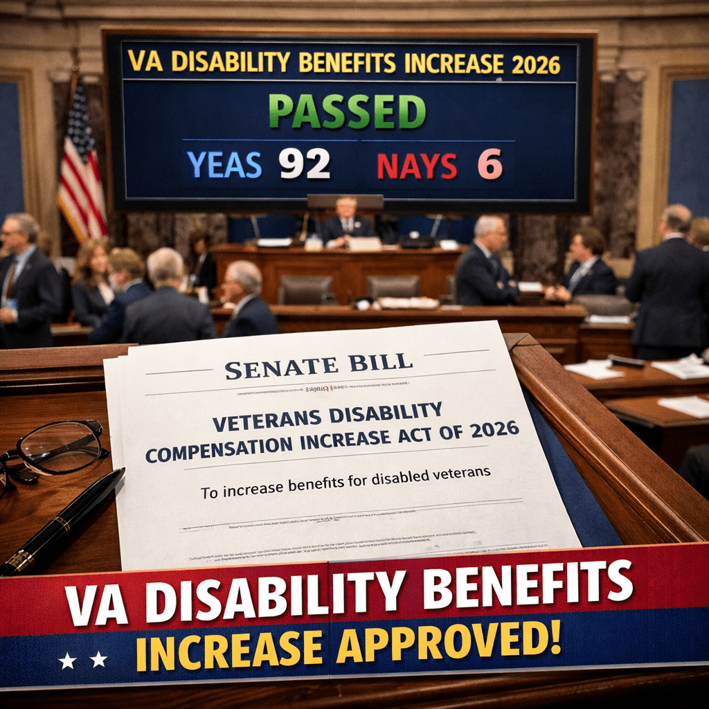 Senate voting results showing VA Disability Benefits Increase 2026 passed with 92 yeas and 6 nays, and a copy of the Veterans Disability Compensation Increase Act of 2026 on a desk